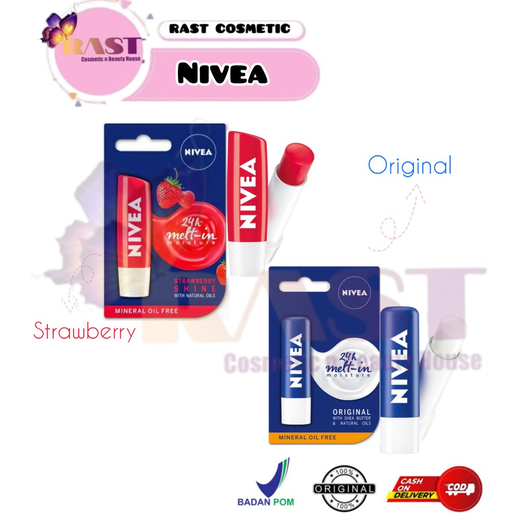 Nivea Lip Balm Original Care With Shea Butter & Natural Oils &  Strawberry Shine