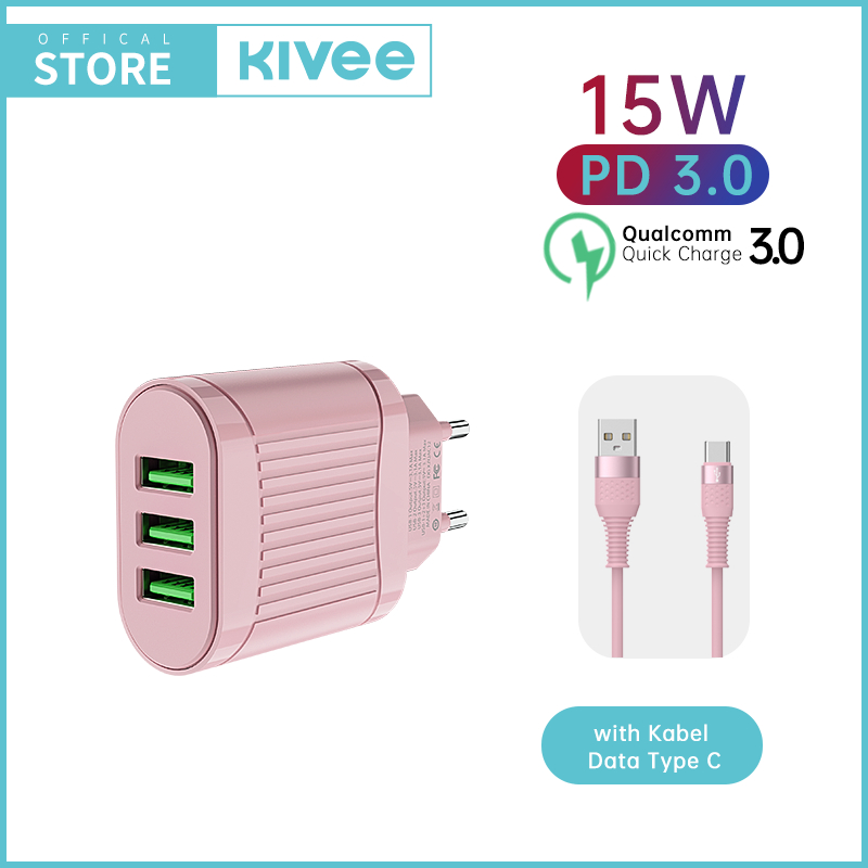 KIVEE Charger And kabel data Type C or Lightning Set Fast Charging 3 USB Output for Android dan ios
