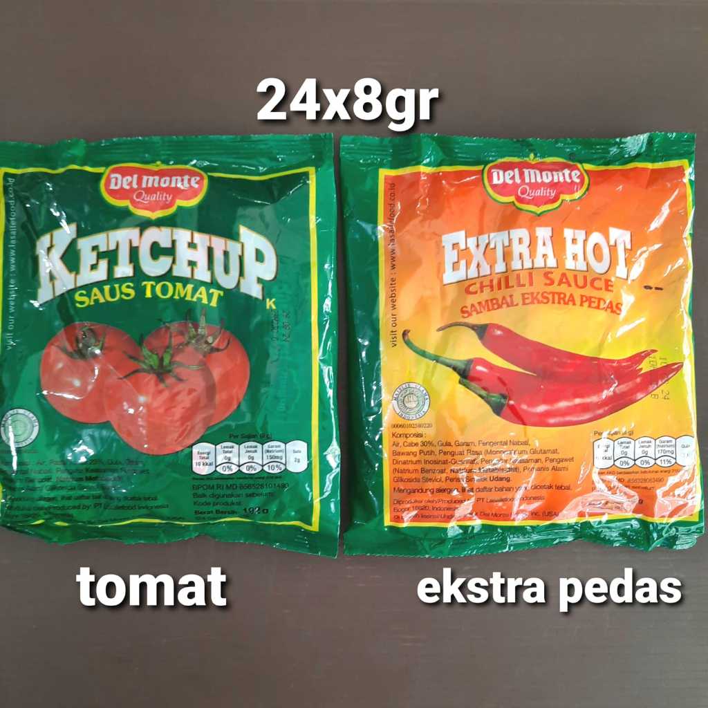 

Delmonte Saus Tomat Ketchup Saos Sambal extra hot chili sauce 8gr isi 24