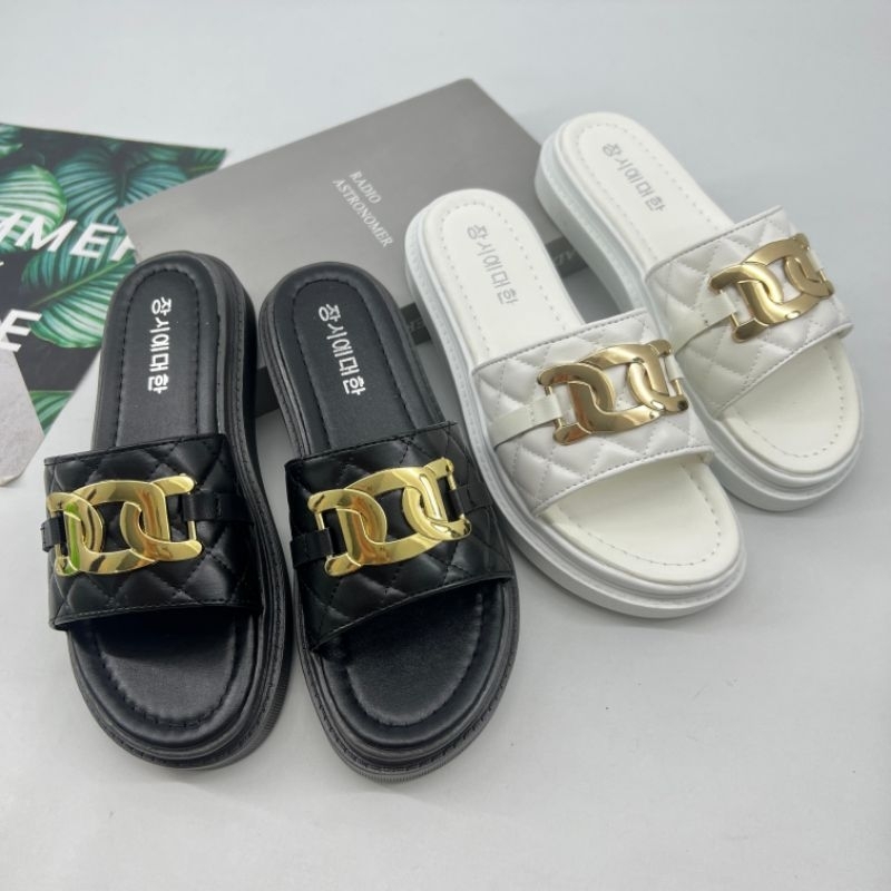 sepatu wanita model sandal slip on chain sandal fashion import 3cm (-1510)