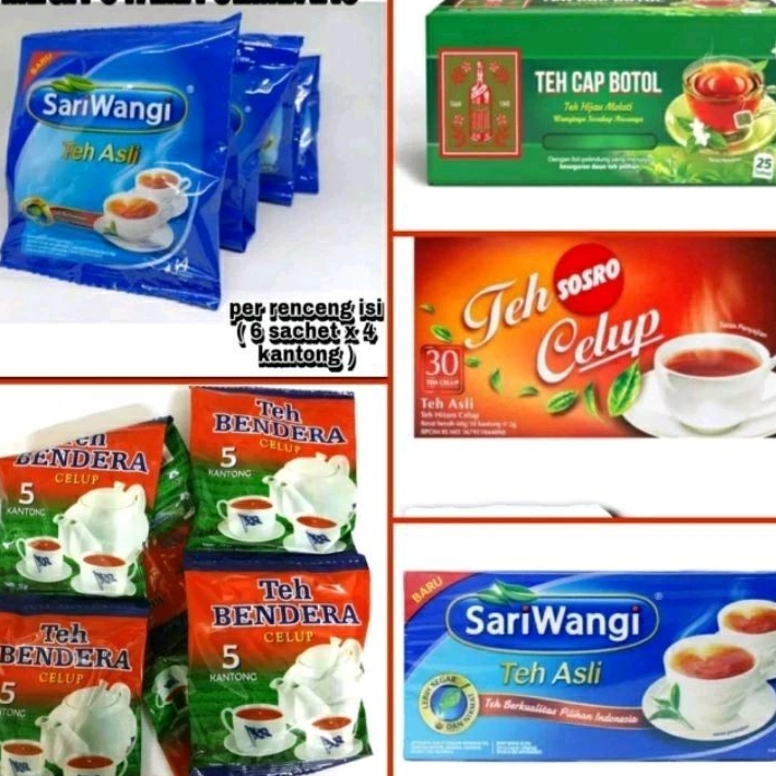 

teh celup sariwangi, teh soro, teh capbotol, teh bendera all varian