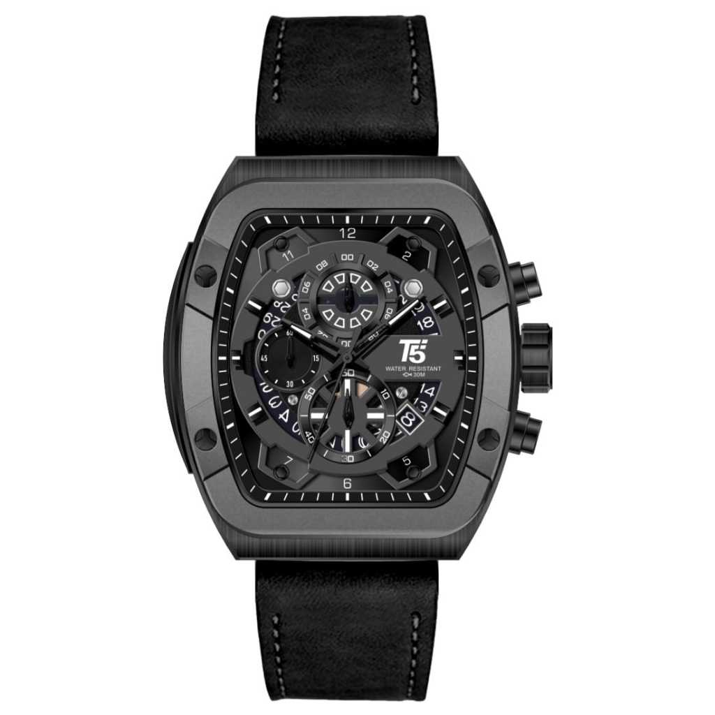 Jam Tangan Pria T5 H 4016G Original Strap Kulit Leather Chronograph