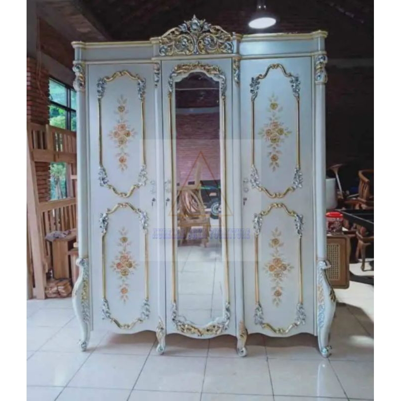 lemari pakaian luxury murah / lemari pakaian 3 pintu putih duco / lemari pakaian putih kayu jati jep