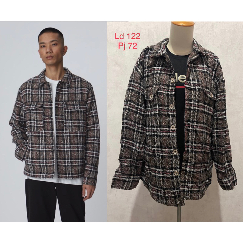 Zhuoau coat pria model jaket pria motif tartan kotak kotak
