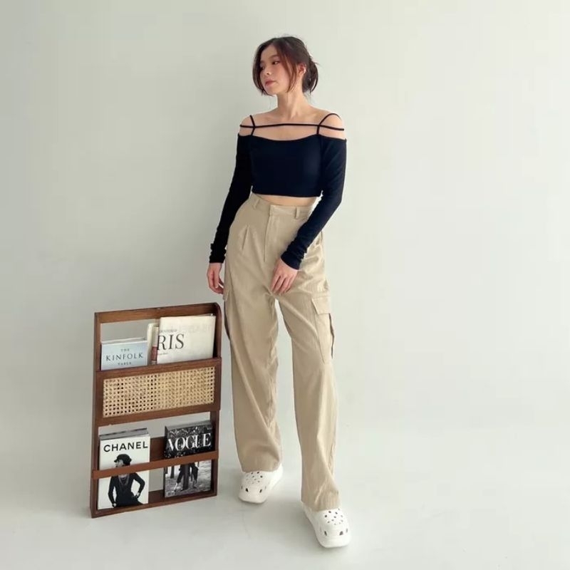 Highwaist Cargo Pants Linen Crinkle-Cargo Pants Loose Wanita