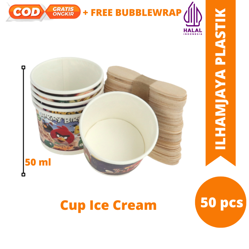 Cup Es Krim + Sendok isi 50 / Papercup Es Krim / Gelas Kertas 2 Oz cup ice cream kecil 50ml isi 50pc