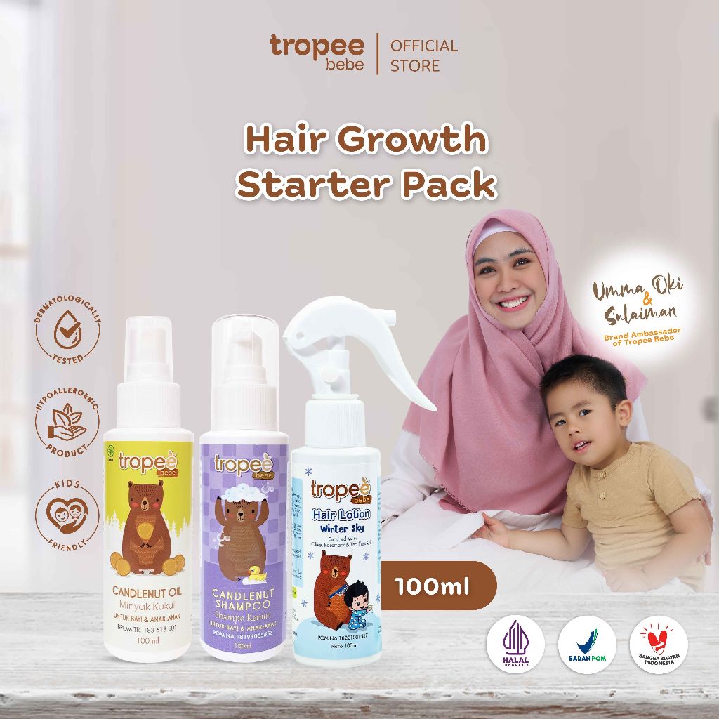 Tropee Bebe Paket Minyak &amp; Shampo Kemiri &amp; Lotion Rambut Winter Sky Cool 100ml | Menutrisi Rambut | Penumbuh Rambut Alami | Perawatan Rambut Bayi dan Anak