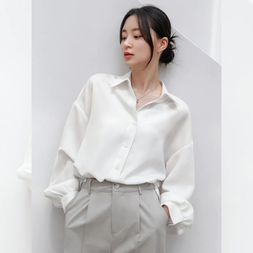 Maya Kemeja Crop Tali Serut/Kemeja Rayon/Kemeja Putih Wanita