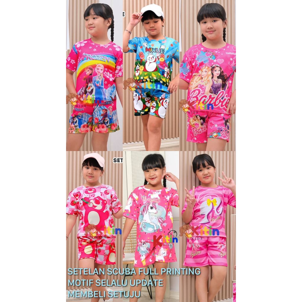 OP - SETELAN HARIAN DAN BAJU MAIN ANAK CEWEK/PEREMPUAN PREMIUM SCUBA FULL PRINTING UKURAN 1-9 TAHUN 