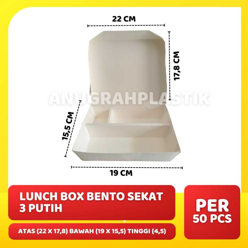 Lunch Box Bento Sekat 3 / Paper lunch box 3 sekat ISI 50 PCS