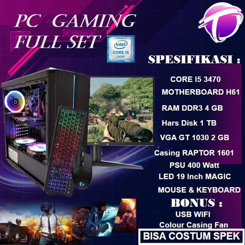 Pc Gaming Komputer Rakitan Cpu  Full Set Murah Core I5 3470 Fullset 5 Jutaan VGA GT 1030 2 GB