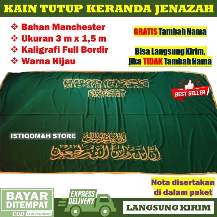 Kain Penutup Keranda Jenazah Full Bordir Kaligrafi Rapih Bagus Murah Bahan Manchester Hijau Muda Bis