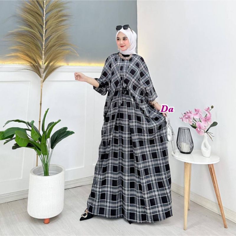 Azza Dress Muslim Medina Gamis Kaftan Jumbo Bertali Motif Kotak Kotak