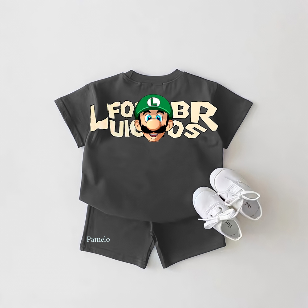 Pamelo.id Setelan Anak Size 4-10 TH Luigi 2  Kaos 3/4 Cowok Cewek Celana Pendek Harian Baju Anak Bes