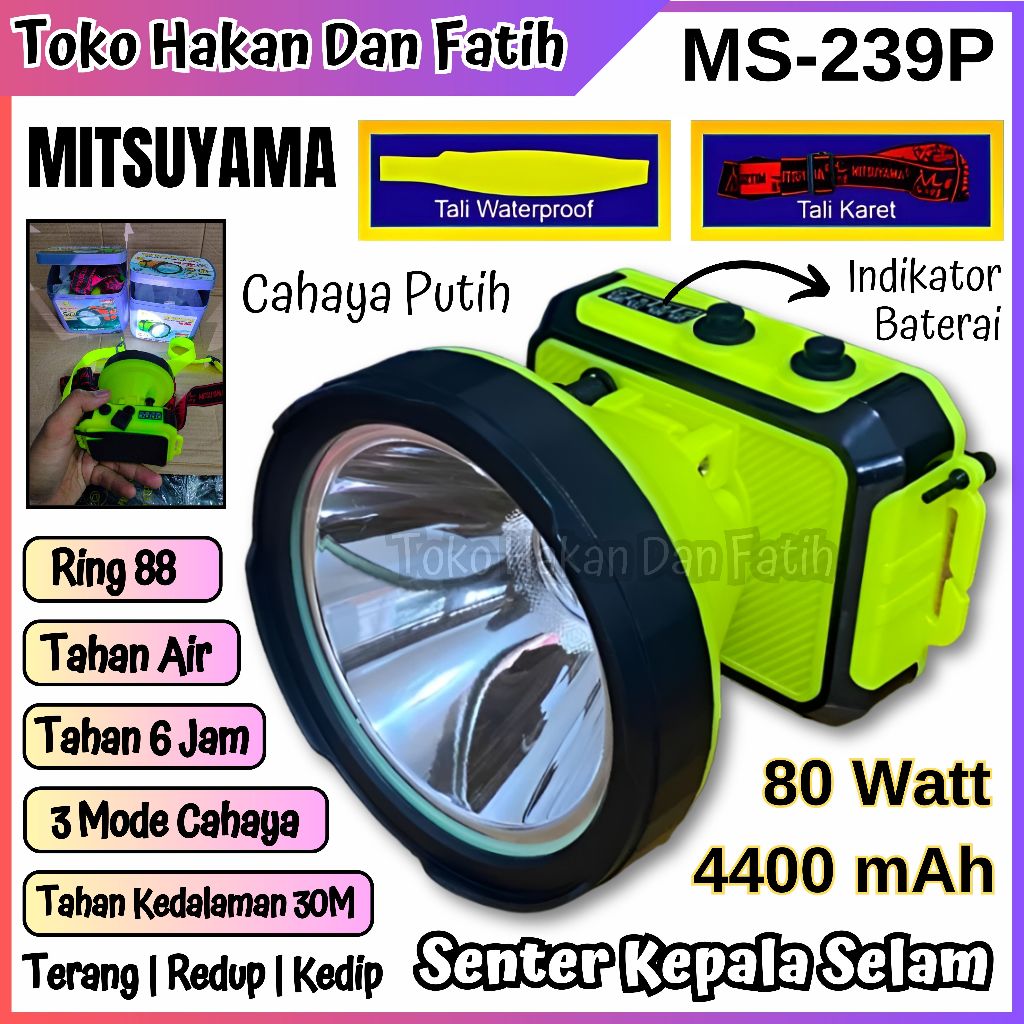 Senter Kepala Selam Diving Super Terang 80 Watt Mitsuyama MS 239P/K Gratis Tali Waterproof Cahaya Pu