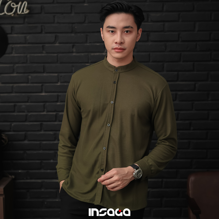 INSAGA Kemeja Polos Pria Lengan Panjang Pique Premium (Hitam, Putih, Army, Navy, Maroon, Dark Mustard, Abu-Abu, baju dll)