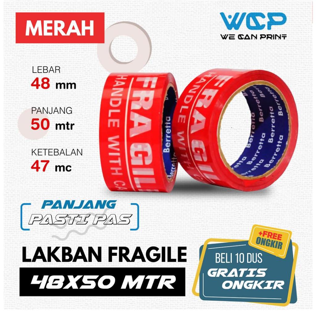 

[GARANSI UKURAN] Lakban Fragile Handle With Care / Isolasi Mudah Pecah Belah FRAGILE Merah 48 x 50 Meter / 55 Yard