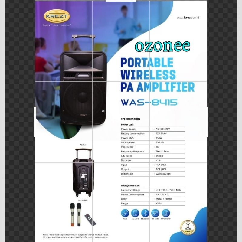 KREZT WAS 8415 Portable Speaker 15 Inch 2 Mic Wireless Bluetooth 8415