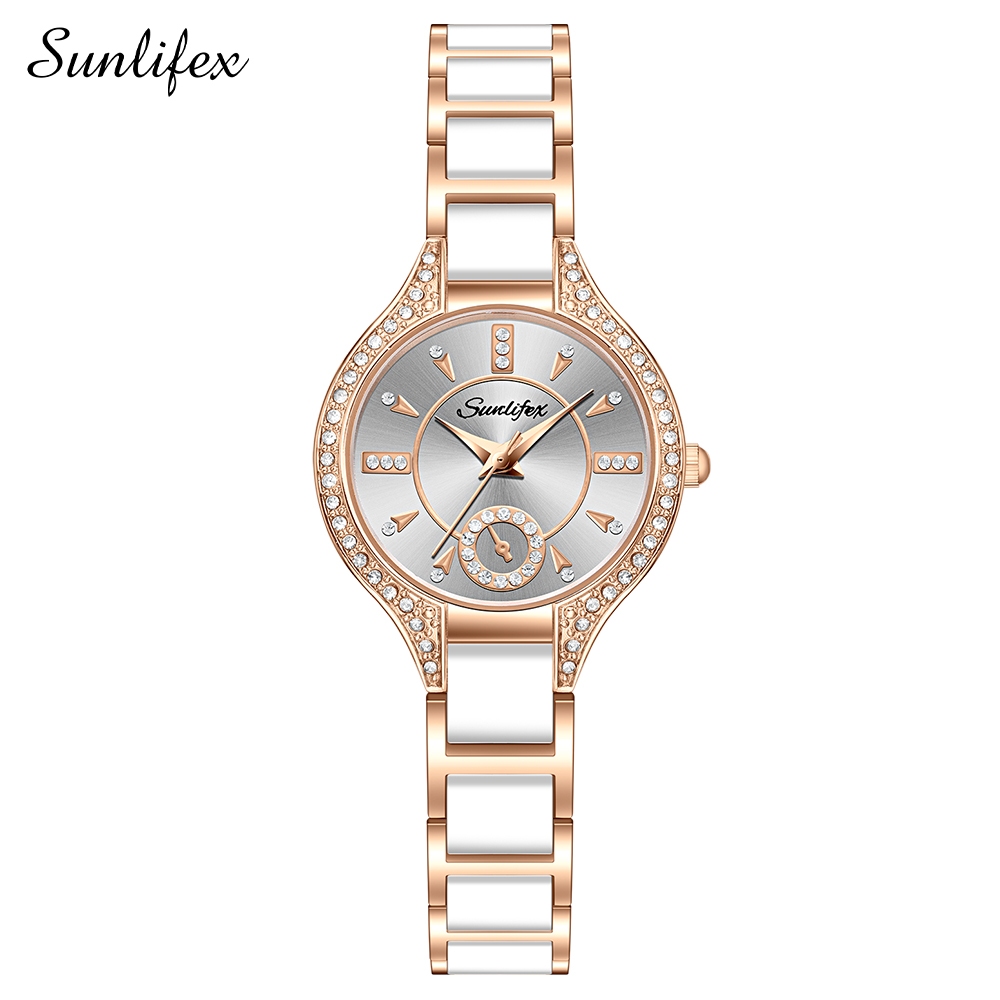 Sunlifex Jam Tangan Wanita Besi Rantai Analog Terbaru 8010 Mode Jam Tangan Cewek-White