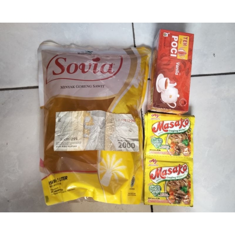 

Paket Sembako// ( Minyak Sovia 2L + Masako 12 sach + teh poci vanilla + kembalian uang 2.000)