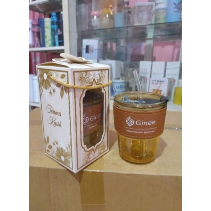 Souvenir gelas kaca + sedotan + custom sablon