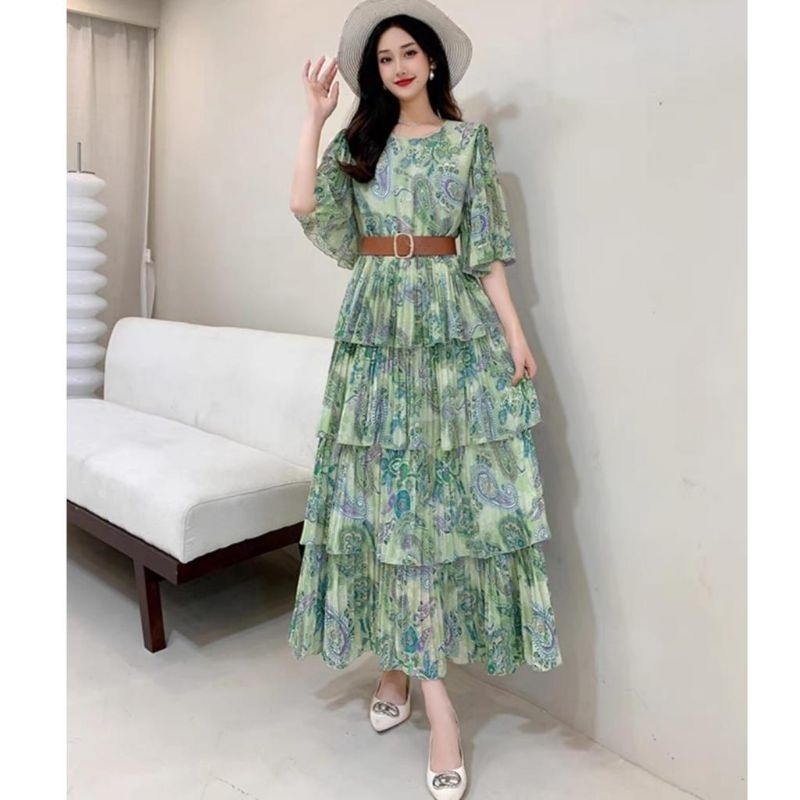 64410 SetBELT Baju Maxidress BORIALIS TIERED MAXI DRESS REMPEL RUFFLE PLISKET susun tingkat motif bu