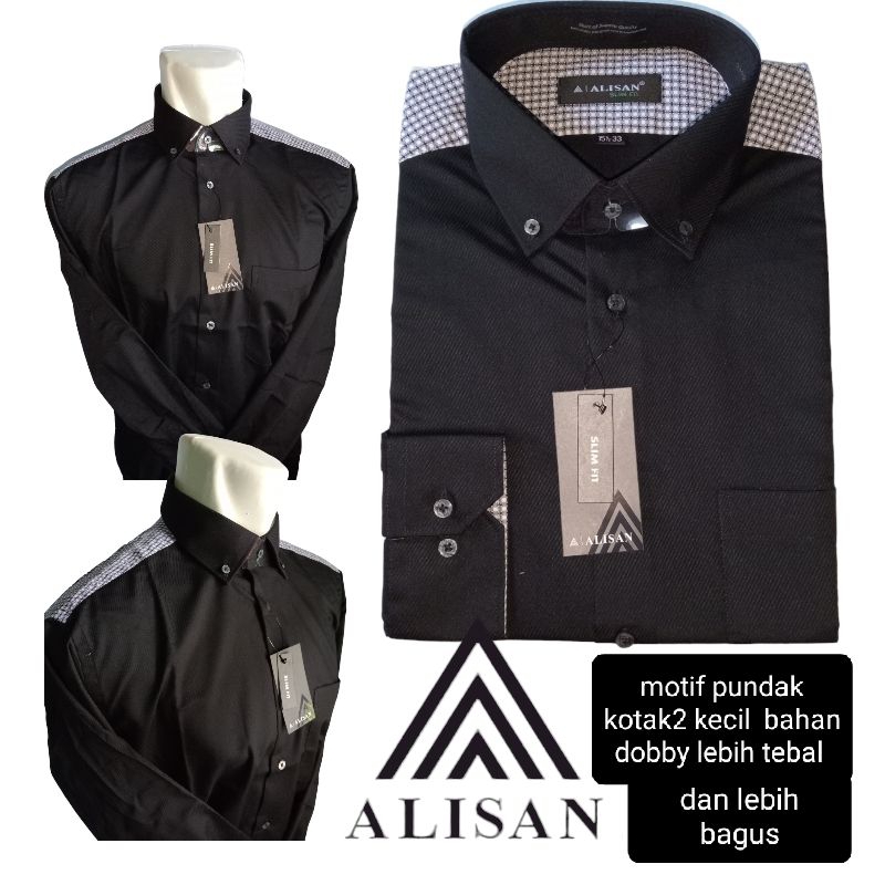 Kemeja Alisan Dobby Slimfit Lengan Panjang Motif Kombinasi Pundak kotak2 kecil warna hitam