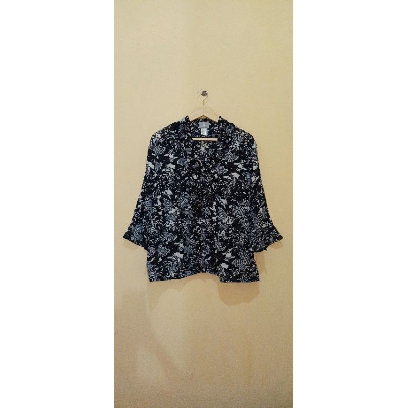 BLOUSE POLYESTER BUNGA NAVY ORI  FAIR LADY