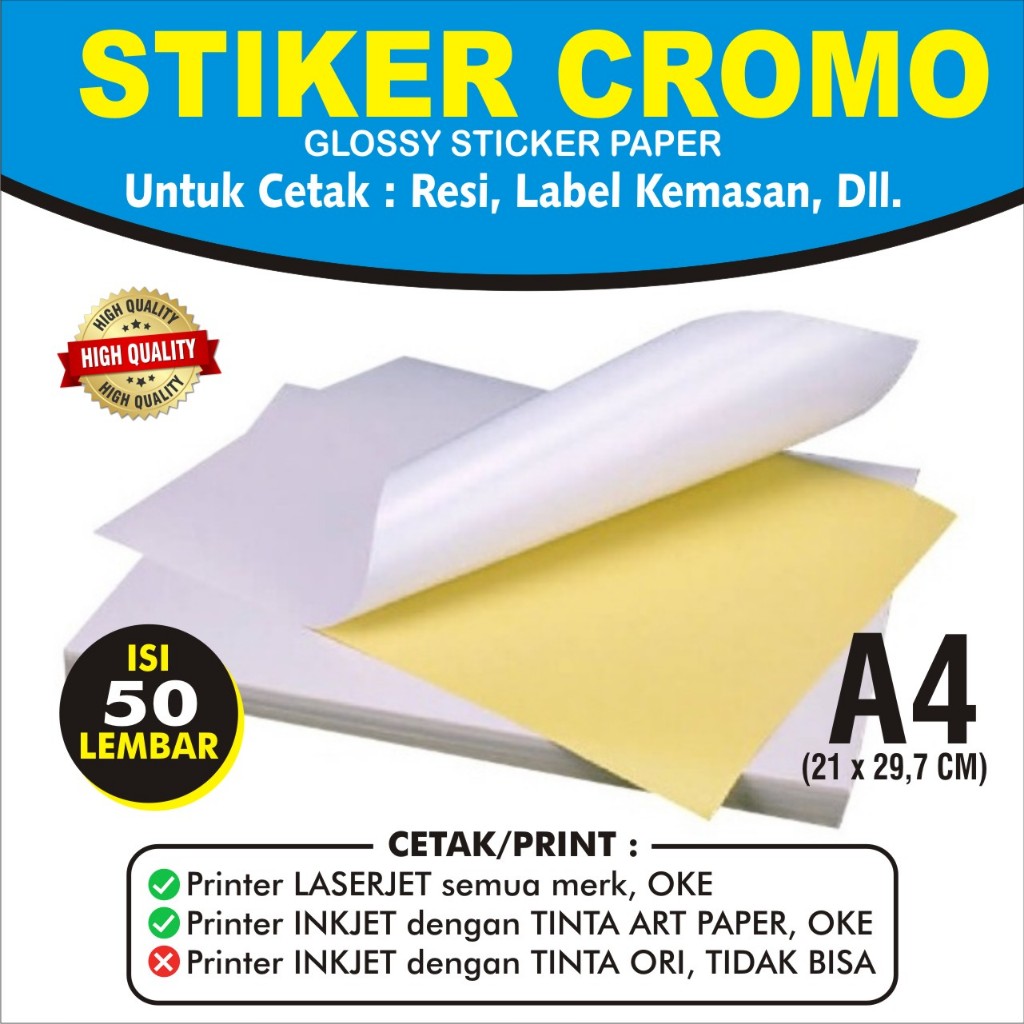

Sticker Chromo A4 isi 50 lembar / Kertas Stiker Glossy Mengkilap A4