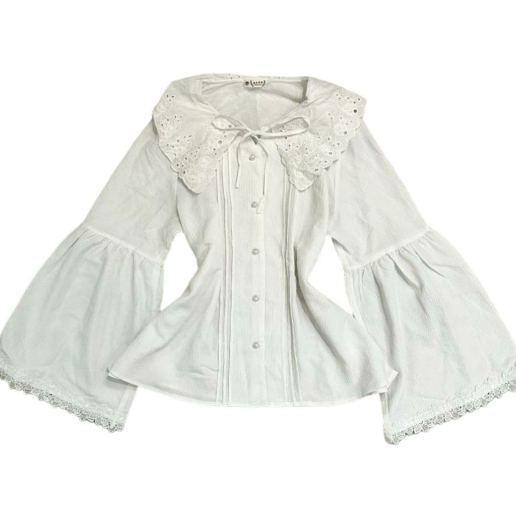 Axes Femme Sailor Eyelet Pearl Buttoned Up Flare Sleeves Longsleeve Top | ribbon katbol kawaii Fairy