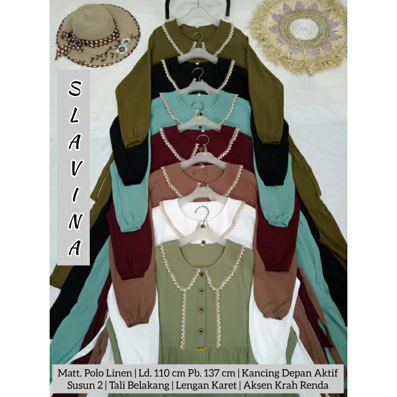 Gamis Polo Linen Dress Maxy Polos Terbaru 2023 Slavina Renda Gyper Realpict Ori Albana Gratis Ongkir