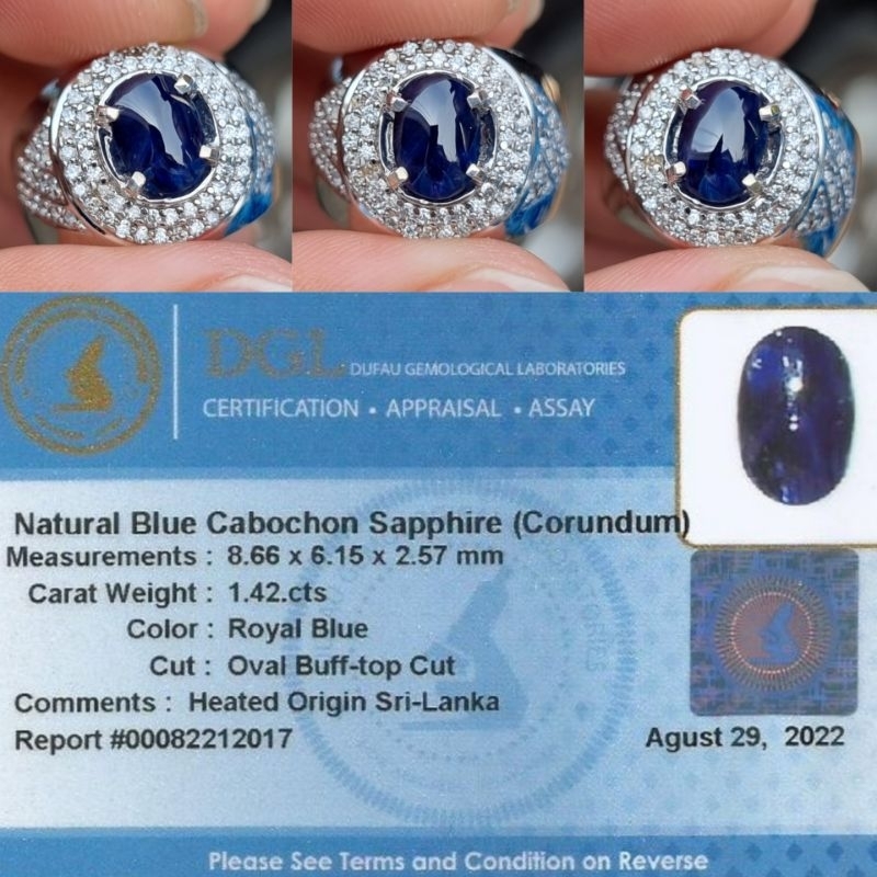 natural royal blue safir ceylon 1.42 cts ring perak memo DGL lab