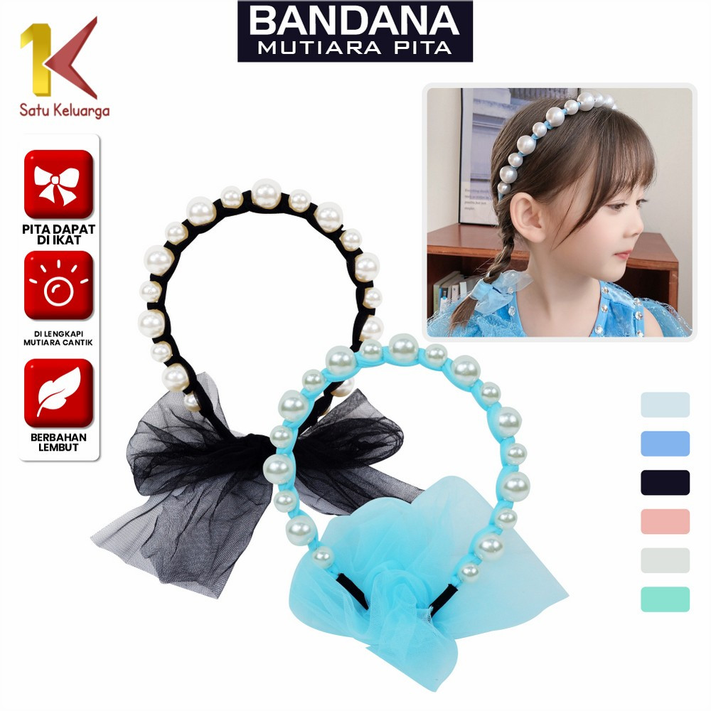 Satu Keluarga Bandana Mutiara Pita Tulle Panjang Bisa diikat C935 Bando Mutiara Tali Kepang Wanita K