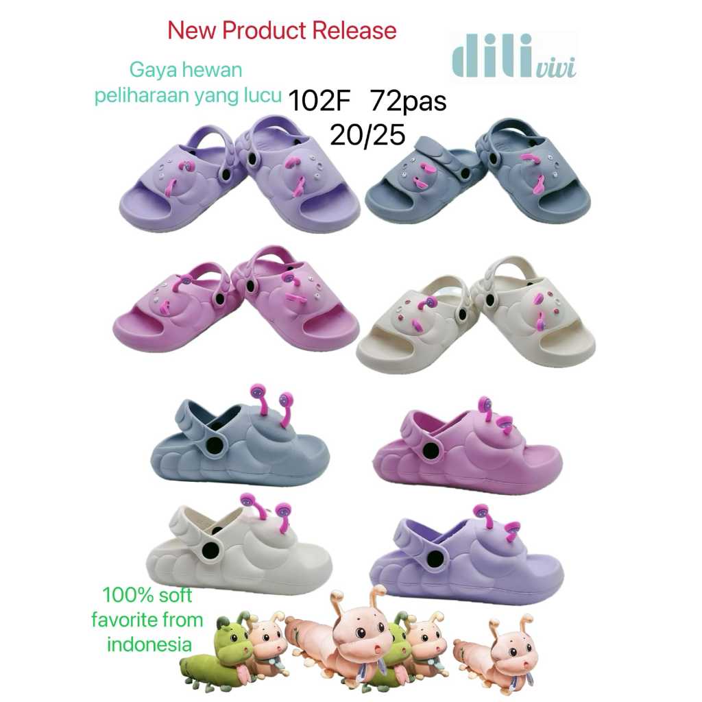 Sandal Anak Perempuan Selop Tali Belakang Karakter Ulat Lucu Sandal Karet Anak Tebal Ringan Size 20-25 102F
