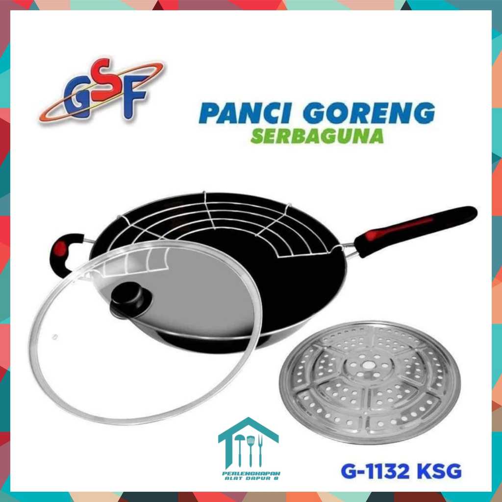WAJAN GORENG SERBAGUNA GSF G-1132K / WAJAN GORENG ANTI LENGKET TUTUP KACA 32CM / WAJAN ENAMEL MURAH