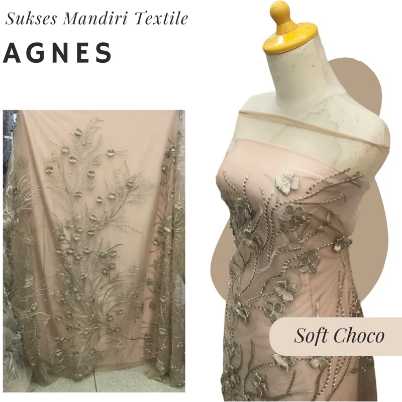 [AGNES] Tile Brokat 3D Bunga Timbul Warna Soft Choco, Harga per 1/2 meter = 50 cm BAHAN KAIN BRUKAT 