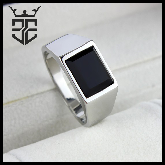 Cincin Titanium Batu Black onyx simple kotak Ring stainless steel pria wanita