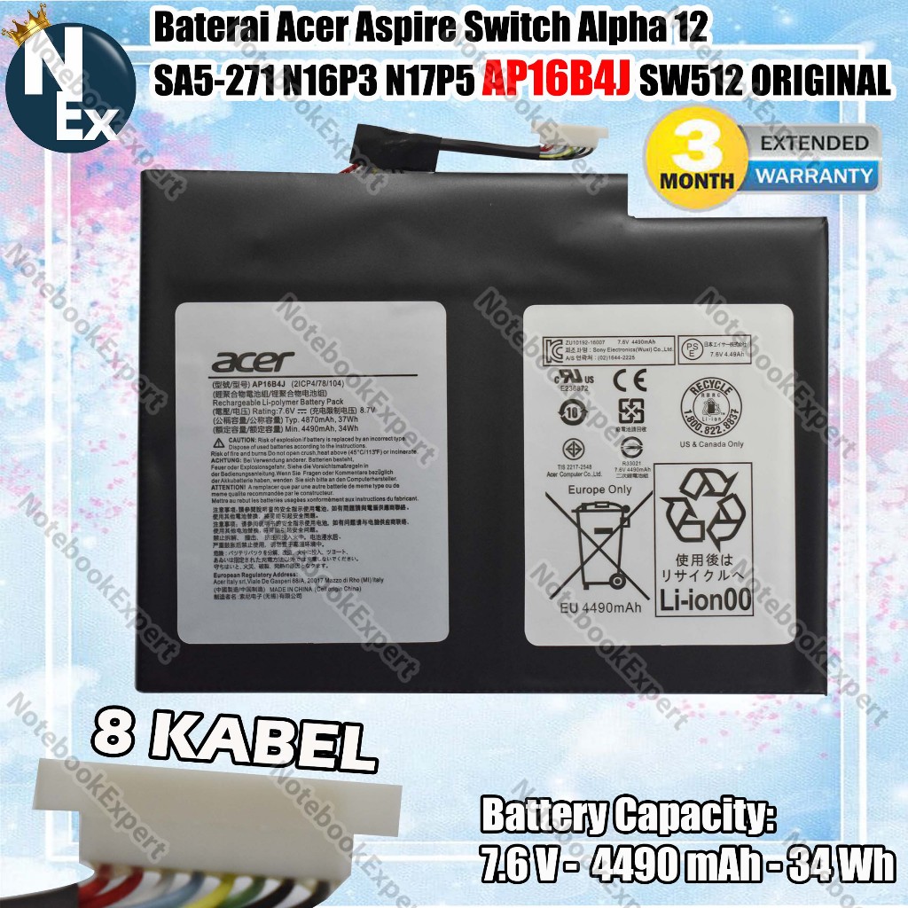 Baterai Acer Aspire Switch Alpha 12 SA5-271 N16P3 N17P5 AP16B4J SW512