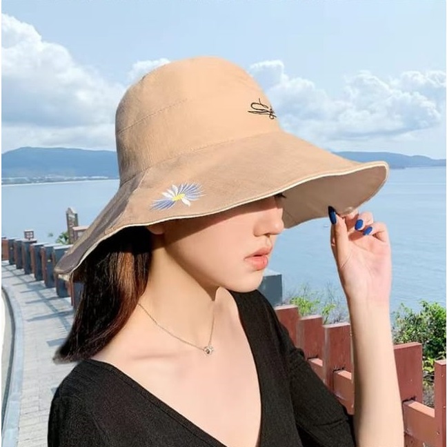 Topi Bucket Wanita Big Rim Bordir Daisy Import Terlaris Bahan Tebal Dengan Tali Pengaman