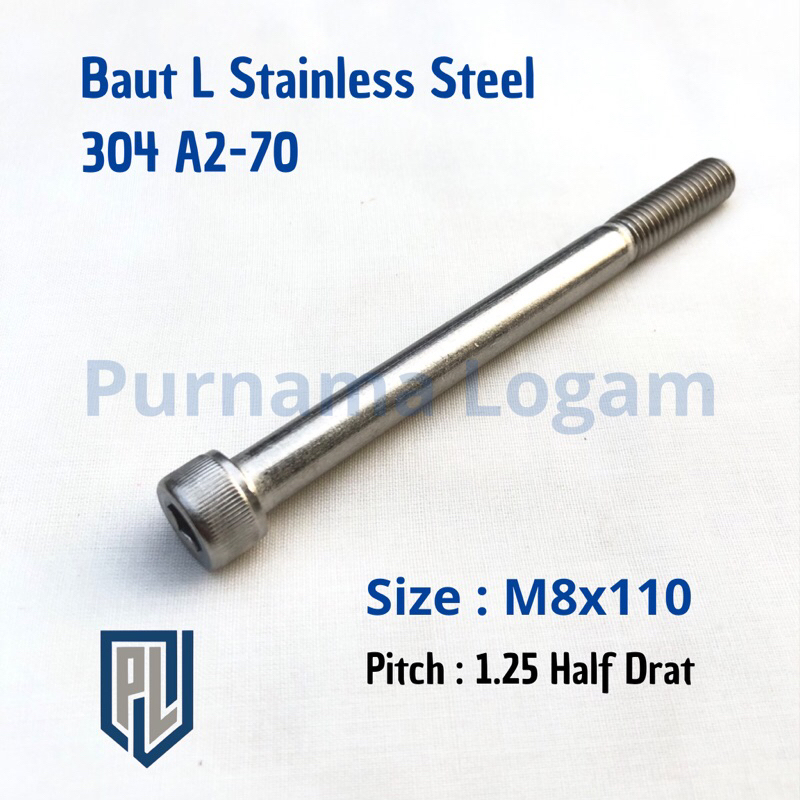 Baut L M8 x 110 HALF DRAT ( Baut 12 Panjang 11cm ) Stainless 304 THE A2-70/ Drat 12/ Kunci L6