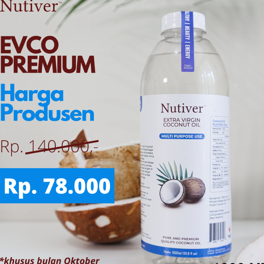 

➫➻❀✺ NUTIVER PREMIUM VCO Virgin Coconut OIL 1 Liter - EVCO EXTRA VIRGIN COCONUT OIL MINYAK KELAPA MURNI ASLI ORIGINAL - MINYAK VCO 1000ml 1L