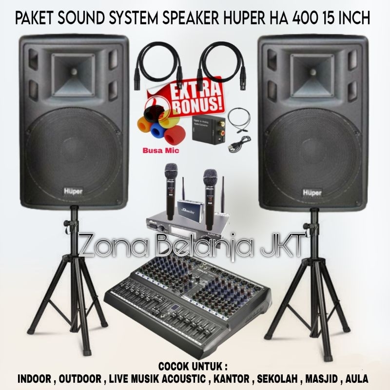 PAKET SOUND SYSTEM INDOOR OUTDOOR SPEAKER HUPER HA 400 15 INCH AKTIF MIXER 12 CHANNEL USB BLUETOOTH 