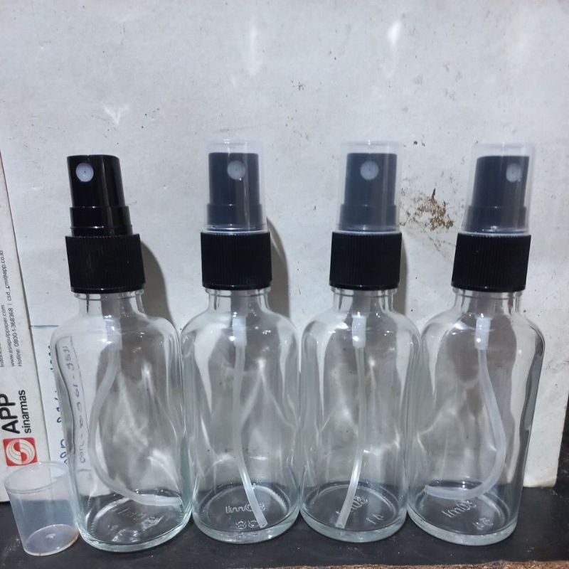 botol kaca 50ml bening tutup spray hitam