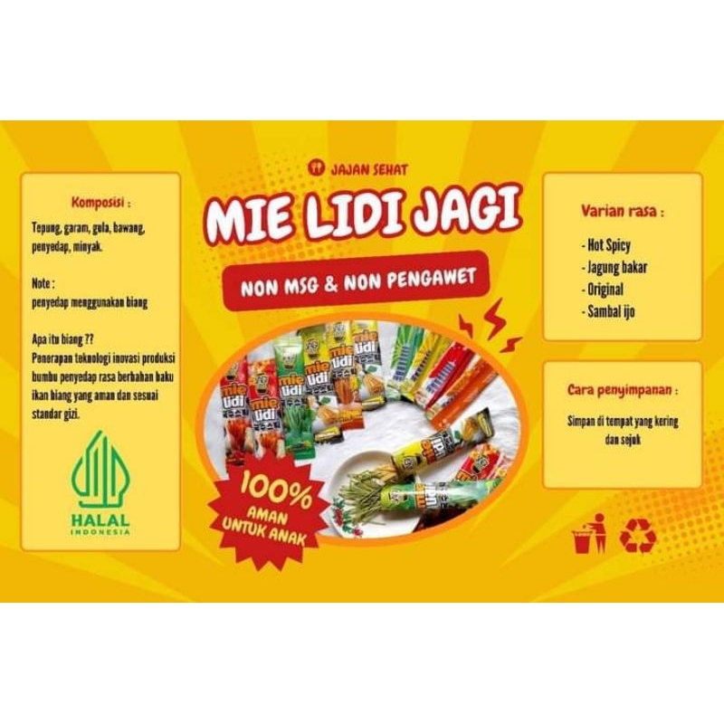 

Mie Lidi Jagi isi 25pcs Varian rasa. Non MSG dan Gurih.