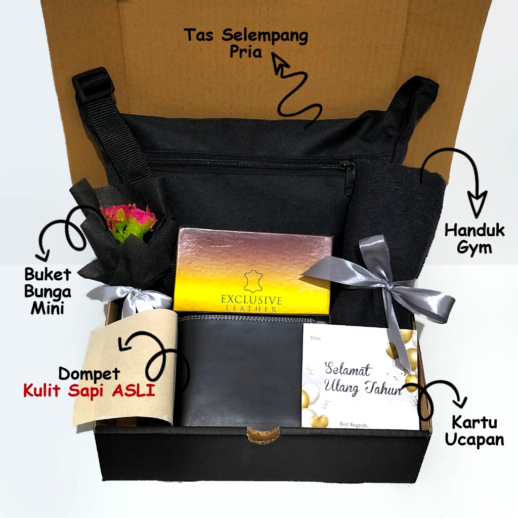 

Set hampers kado ulang tahun cowok hadiah ultah laki laki isi tas handuk kecil dan dompet kulit