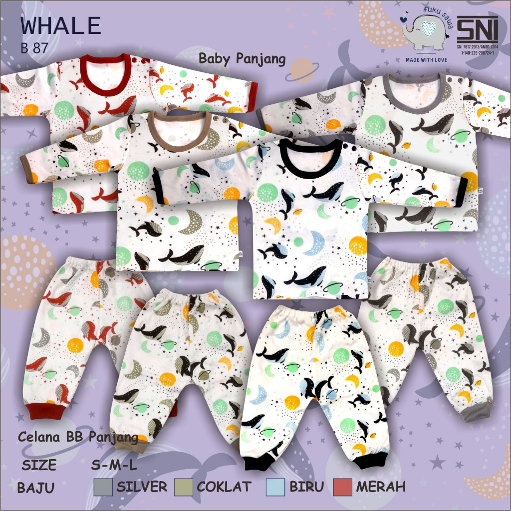 FUKUSAWA-Baju bayi oblong panjang SETELAN Baju baby oblong celana panjang motif WHALE