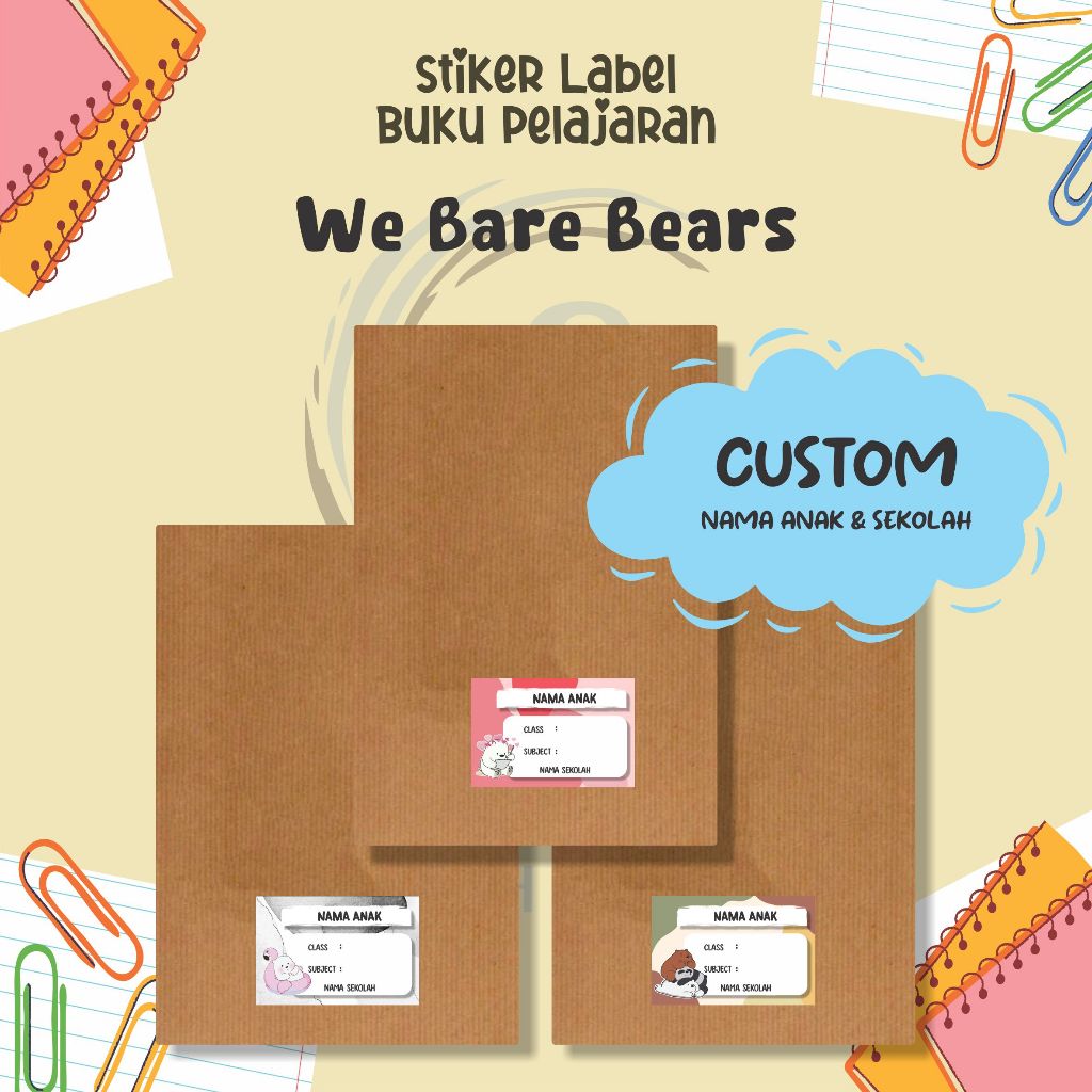 

( 30pcs ) Stiker Label Buku Pelajaran TEMA WE BARE BEARS / Stiker Mapel Sekolah / Stiker Custom Nama Anak / Stiker Label Efek Hologram