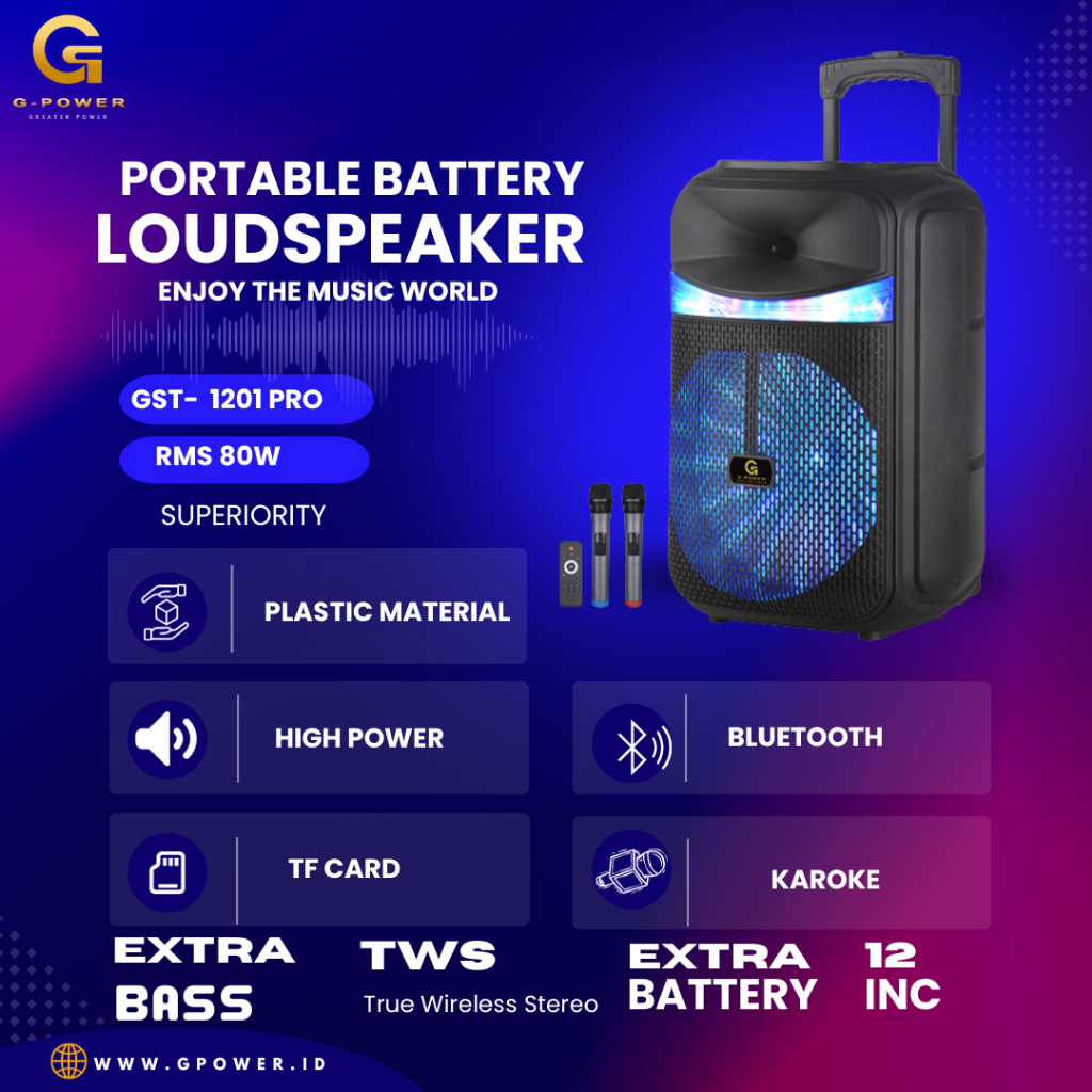 G-POWER PORTABLE BATTERY SPEAKER BLUETOOTH GST-1501 PRO 15INCH EXTRA BASS FREE 2 MICROPHONE WIRELESS