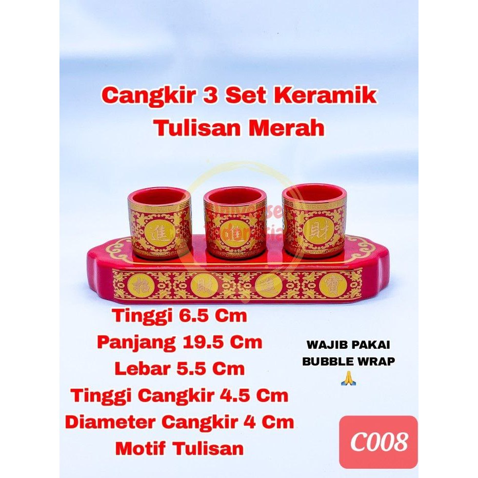 Cangkir Gelas Sembahyang 3 Set Keramik Merah Tulisan