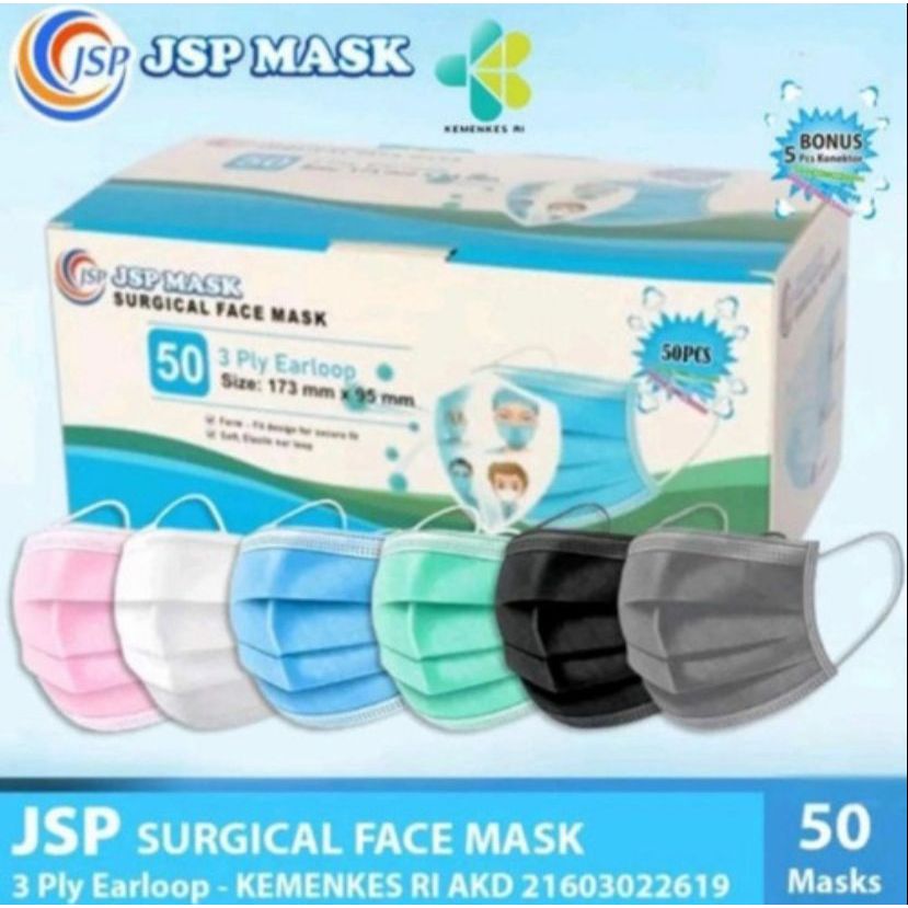 MASKER EARLOOP JSP HITAM TALI SENADA/ 3PLY/ MASKER KESEHATAN/ ISI 50PCS